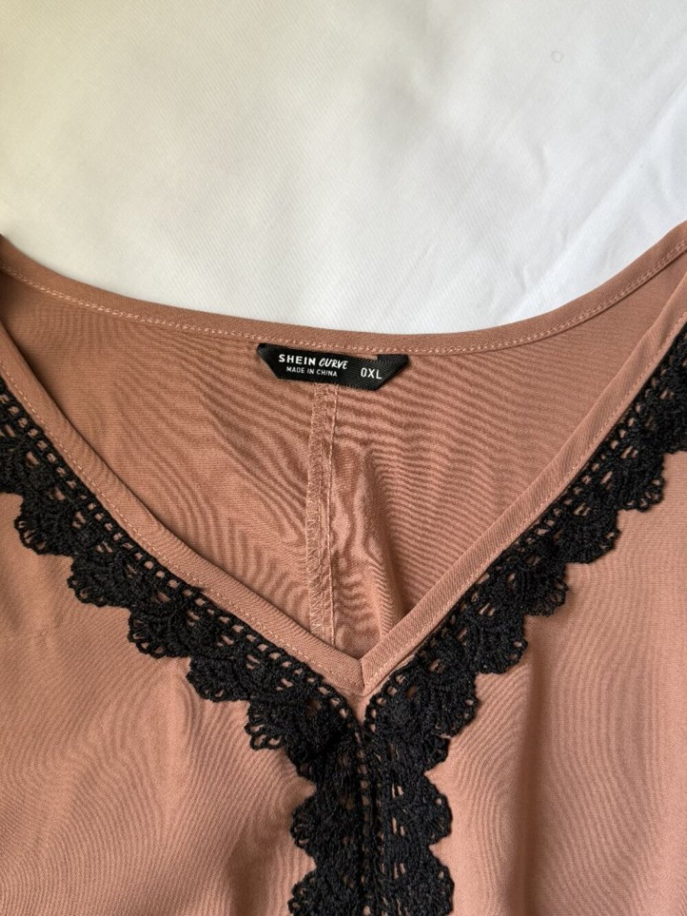 SHEIN Curve 0XL Camel Brown V-Neck Black Lace Trim Boho Midi Dress Plus Size - Picture 8 of 10